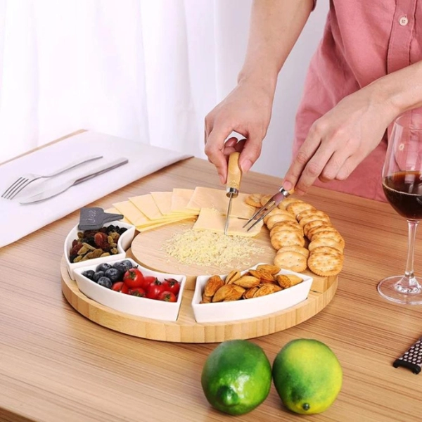 Комплект Дървена Дъска За Сервиране На Сирена с 6 Аксесоара SNACKPLATTER®, komplekt darvena daska za servirane na sirena s 6 aksesoara snackplatter